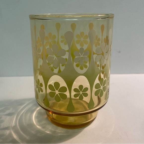 MCM VTG Libbey Yellow Glass Retro Daisy Tumblers Set of 4 White Green Glasses - Picture 3 of 7